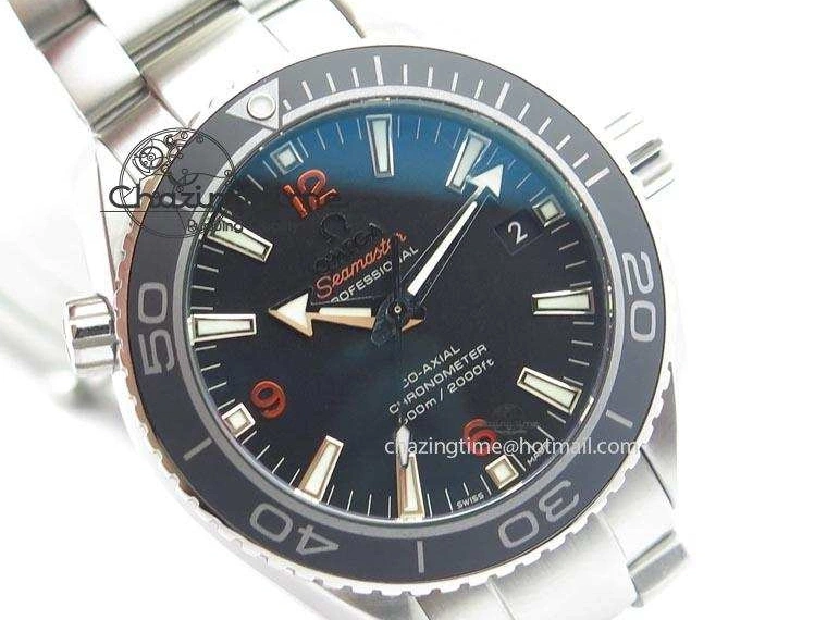 0812 Contemporary Planet Ocean SS Bp Maker 45mm Black Bezel Orange Numbers On SS Bracelet A 8217
